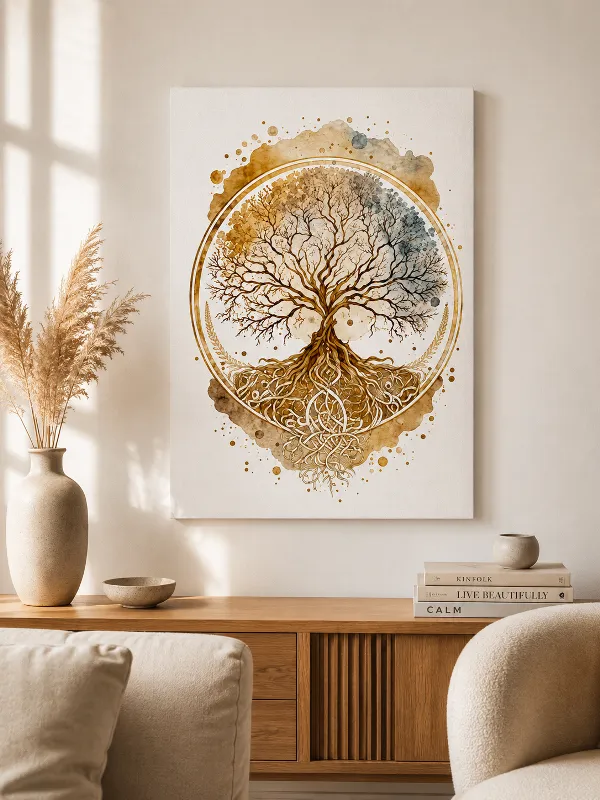 Quadro Árvore da Vida em Aquarela Dourada Símbolo de Força e Conexão