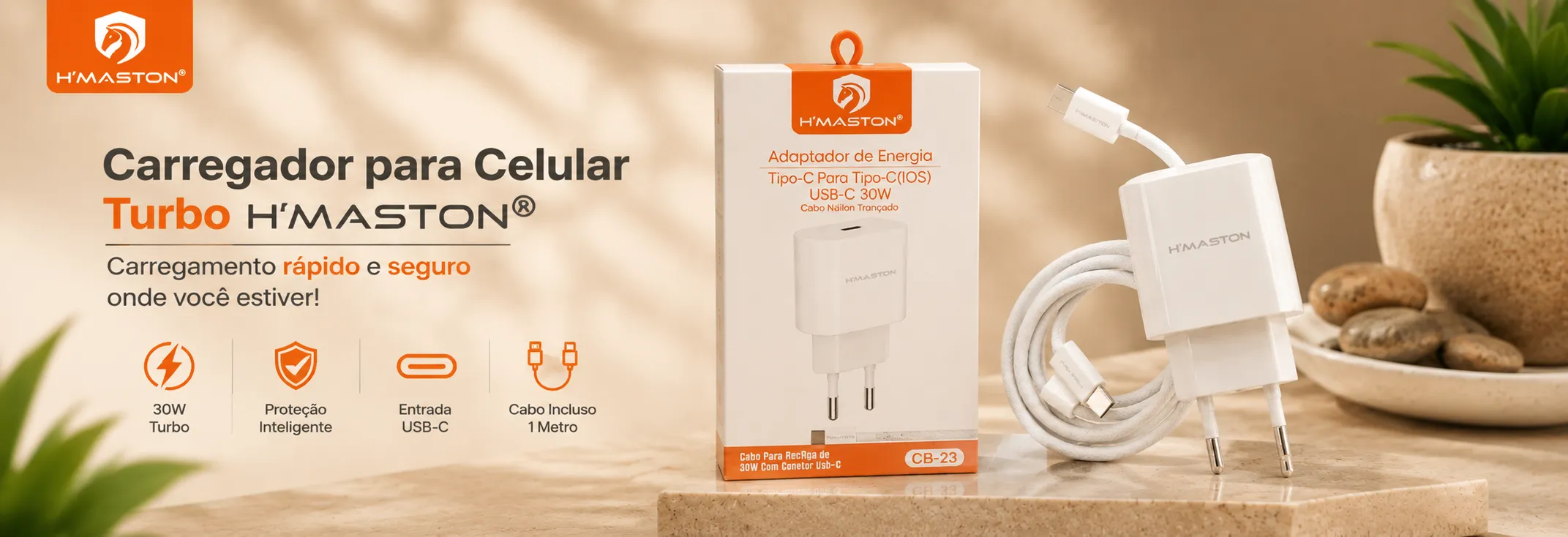 Carregador para Celular Turbo 30W USB-C com Cabo Nylon Trançado